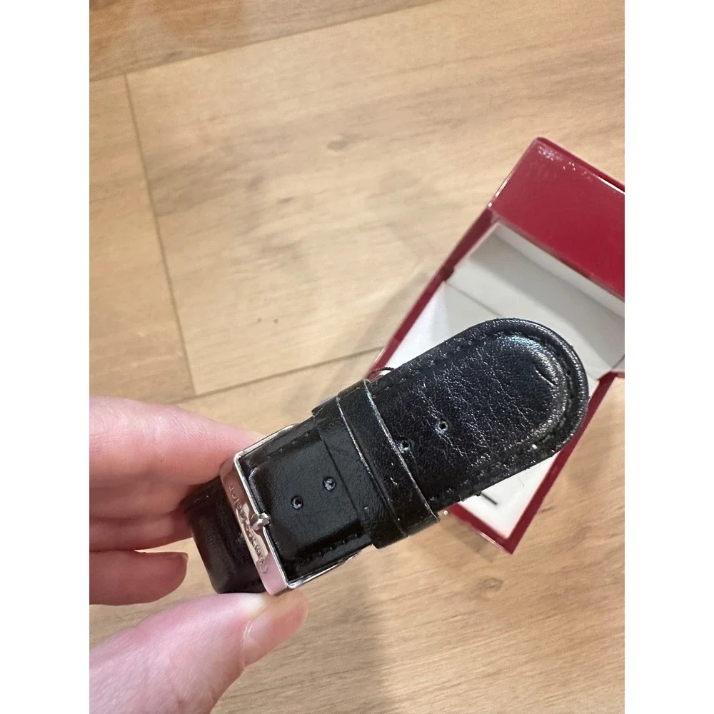 Charles Delon Vintage Watch Rectangular Silver Case Black Leather Strap 2829